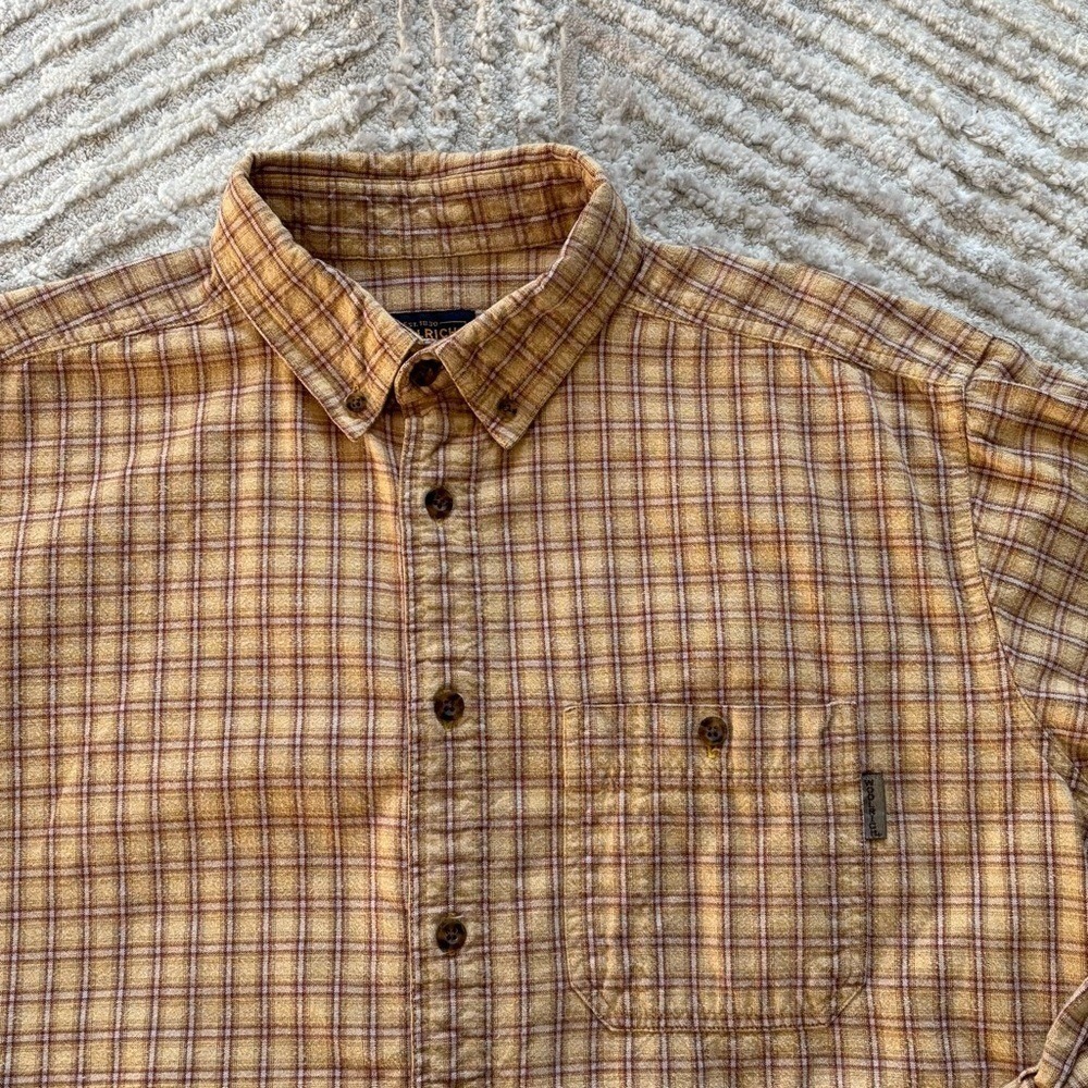 Woolrich Flannel Shirt Mens‎ XL Tan Plaid Long Sleeve Pocket Logo